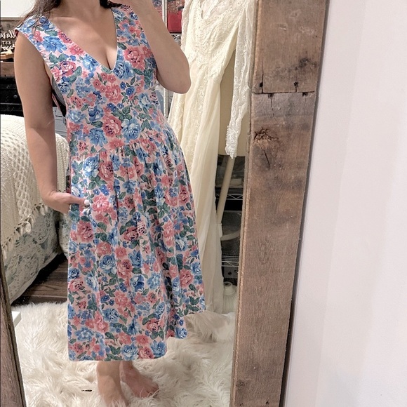 Vintage handmade dropped waist pink Floral Sleeveless jumper Dress size large - Picture 2 of 6